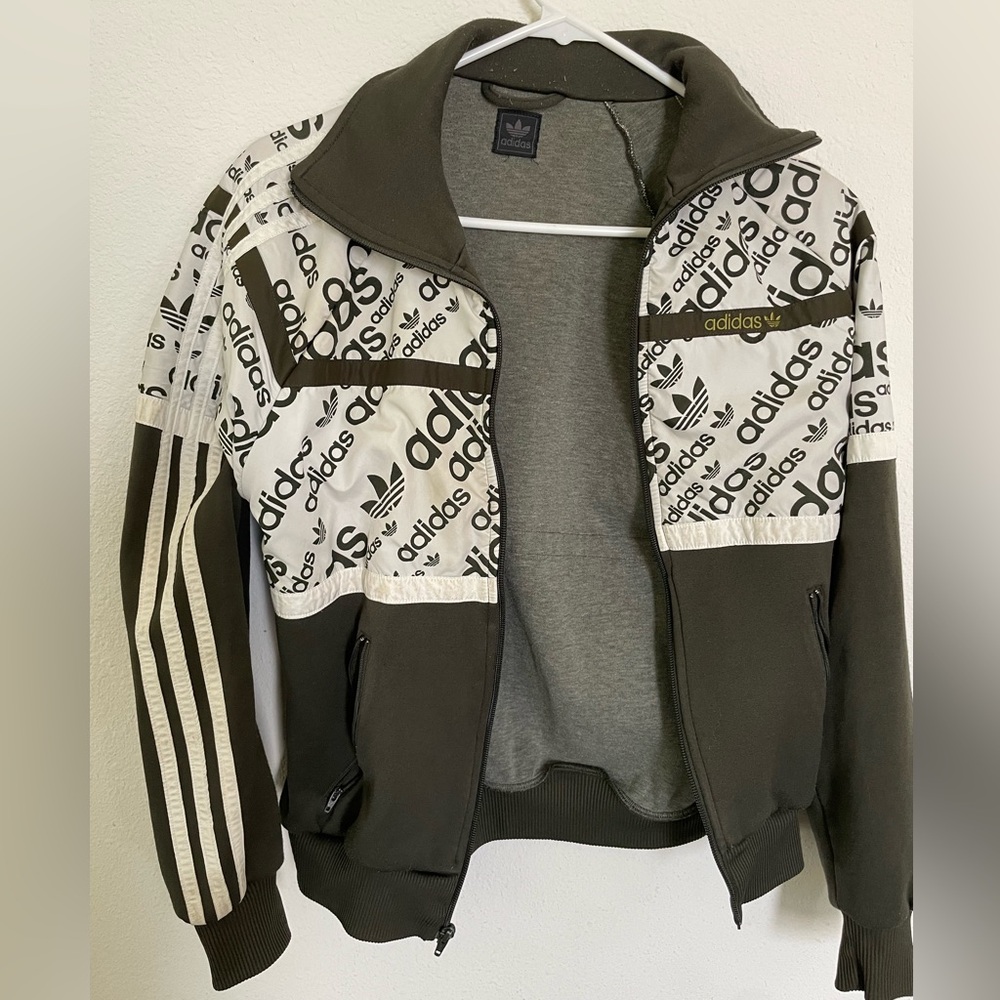 Adidas Olive Green and White Bomber Jacket